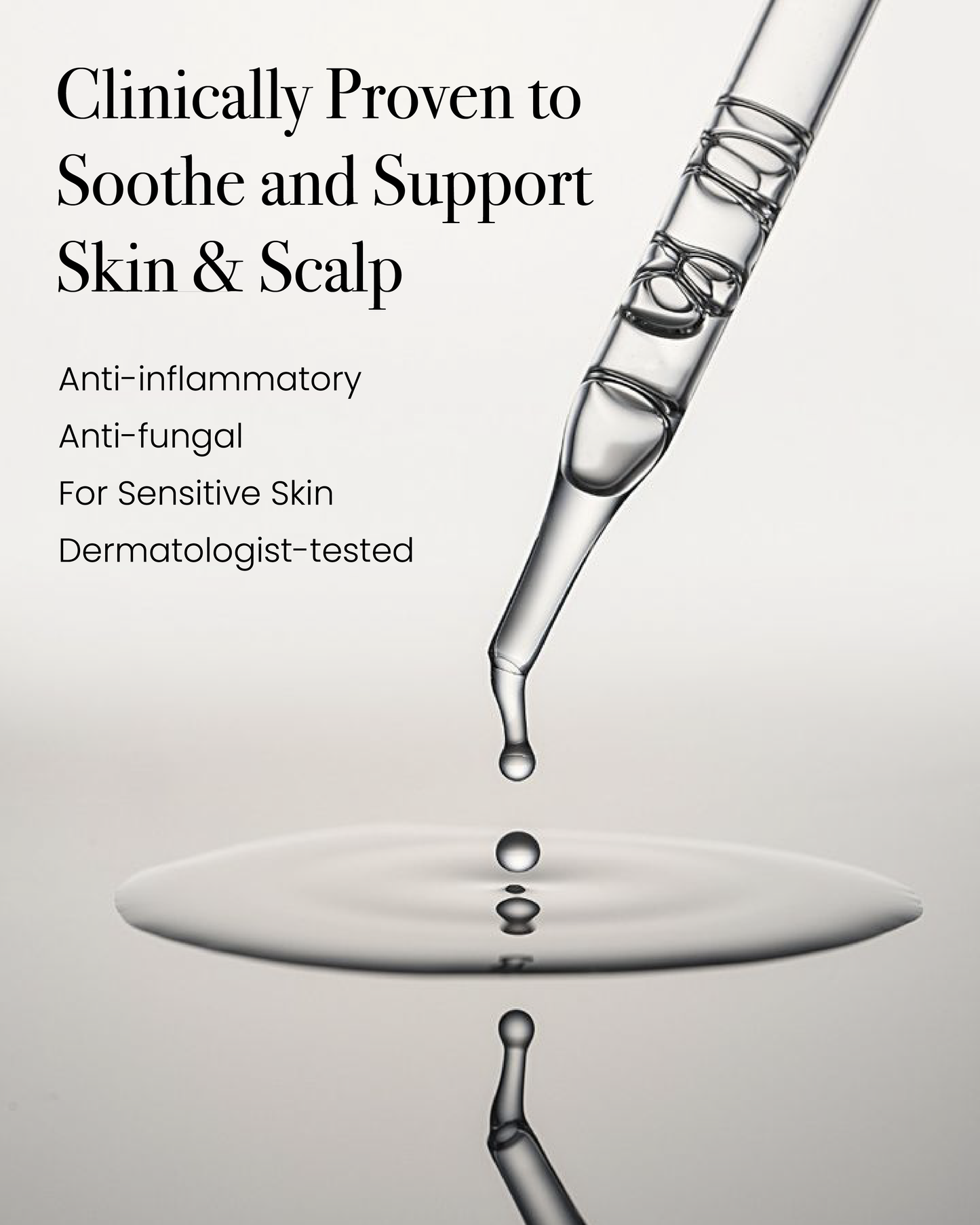 Droplet from Seb Calming Serum pipette, showcasing clinically proven benefits for soothing seborrheic dermatitis.