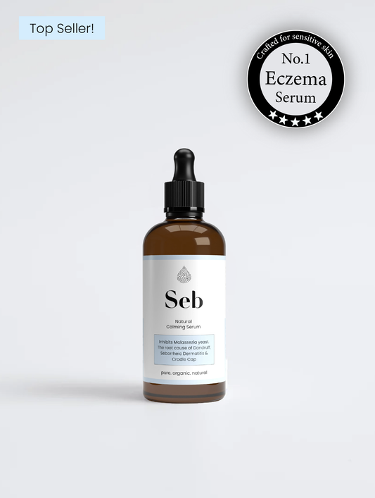 Seb Calming Serum bottle with ‘Top Seller’ and ‘No.1 Eczema Serum’ badges, ideal for soothing sensitive, eczema-prone skin.